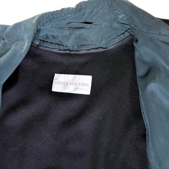 Vtg Jones New York Dark Teal Maxi Flare Trench Coat Wool & Satin Linings, Sz S/M - Picture 10 of 16